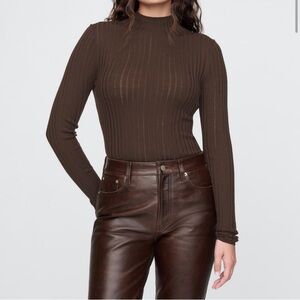 Cult Gaia x Gap Women's Varma Sheer Rib Knit Wool Sweater Mock Neck Brown Small